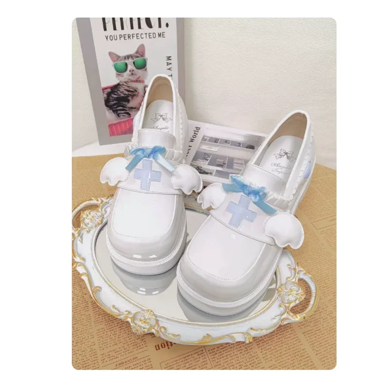 New Lolita Platform Mary Jane Shoes For Women Sweet Cross Bow Tie Loafers Plus Size 33-50 White Patent Leather Casual Jk  Shoes