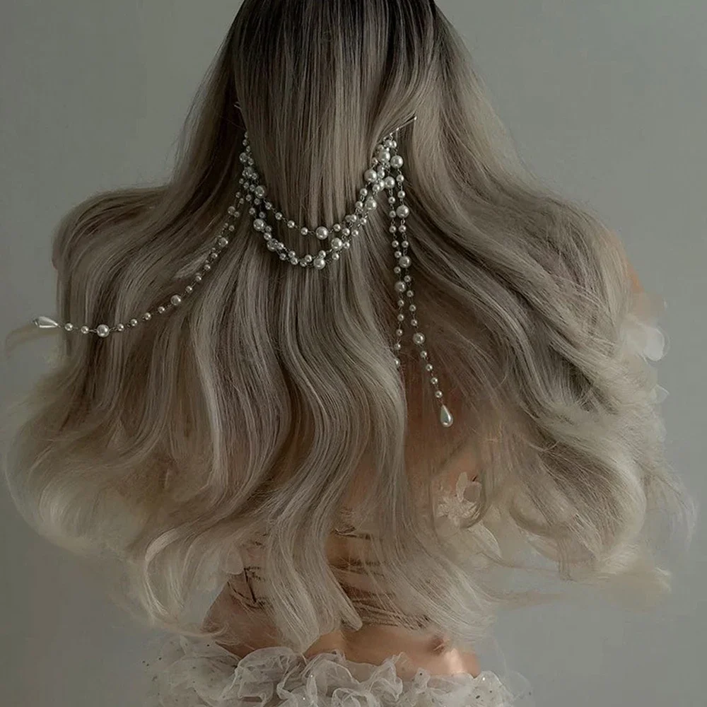 

Fashion Imitation Pearl Tassel Hairpin Tiara Wedding Head Decoration Handmade Headpiece Boho Bridal Hair Chain Clip for Women