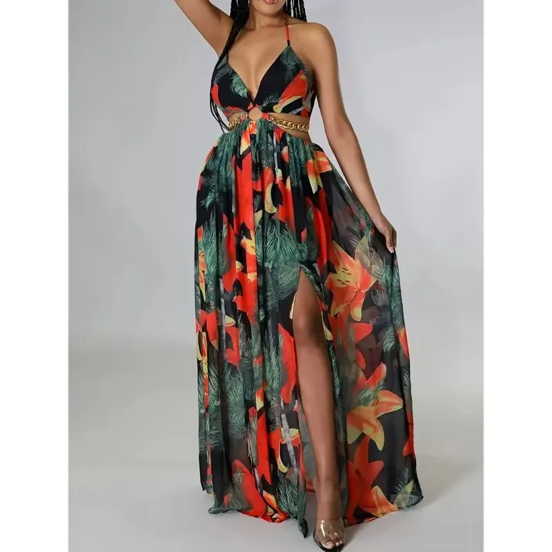 UNITIM Sommerkleid für Damen mit Blumenmuster, Lässiges Französisches Kleid, Langes Kleid mit Blumendruck, Freiem Rücken und Seitenschlitz