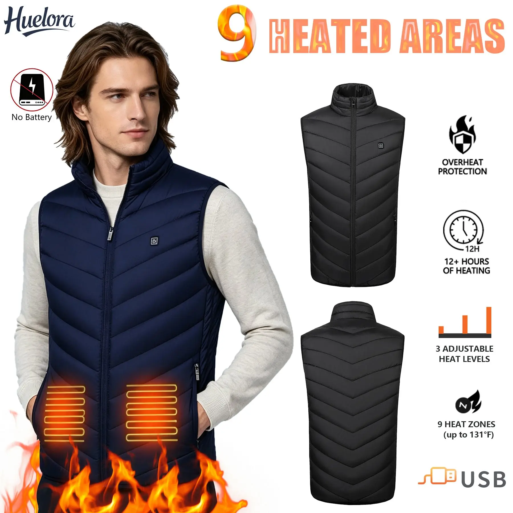 Winter Warm USB Heated Vest Men Women 9 Heating Zones 3‑Speed Temperature Control Machine Washable Electric Heating Gilet