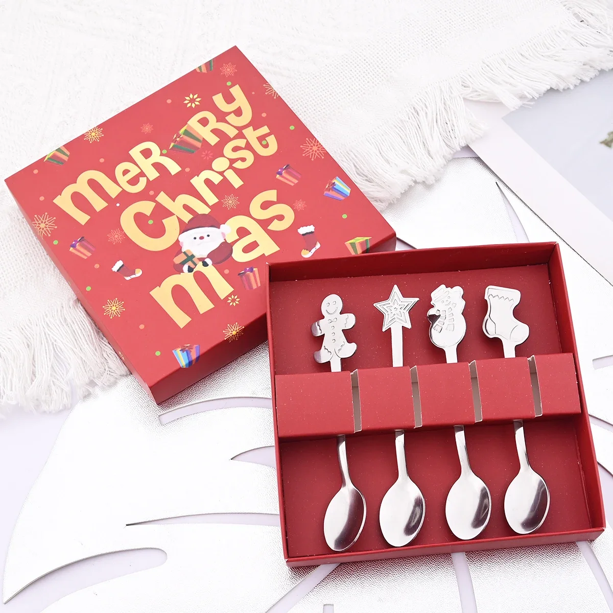 Christmas Stainless Steel Spoon Fork Set 4Pcs Xmas Elk Snowman Gingerbread Tableware Gift Box Holiday Cutlery Gift for Friends