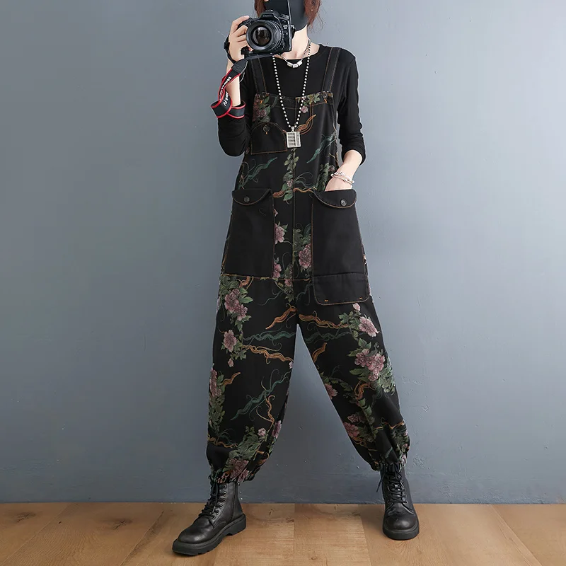 #1434 Floral Printed Jeans Jumpsuit Rompers Womens With Big Pockets Vintage Overalls For Women Loose Spring Autumn Jumpsuits