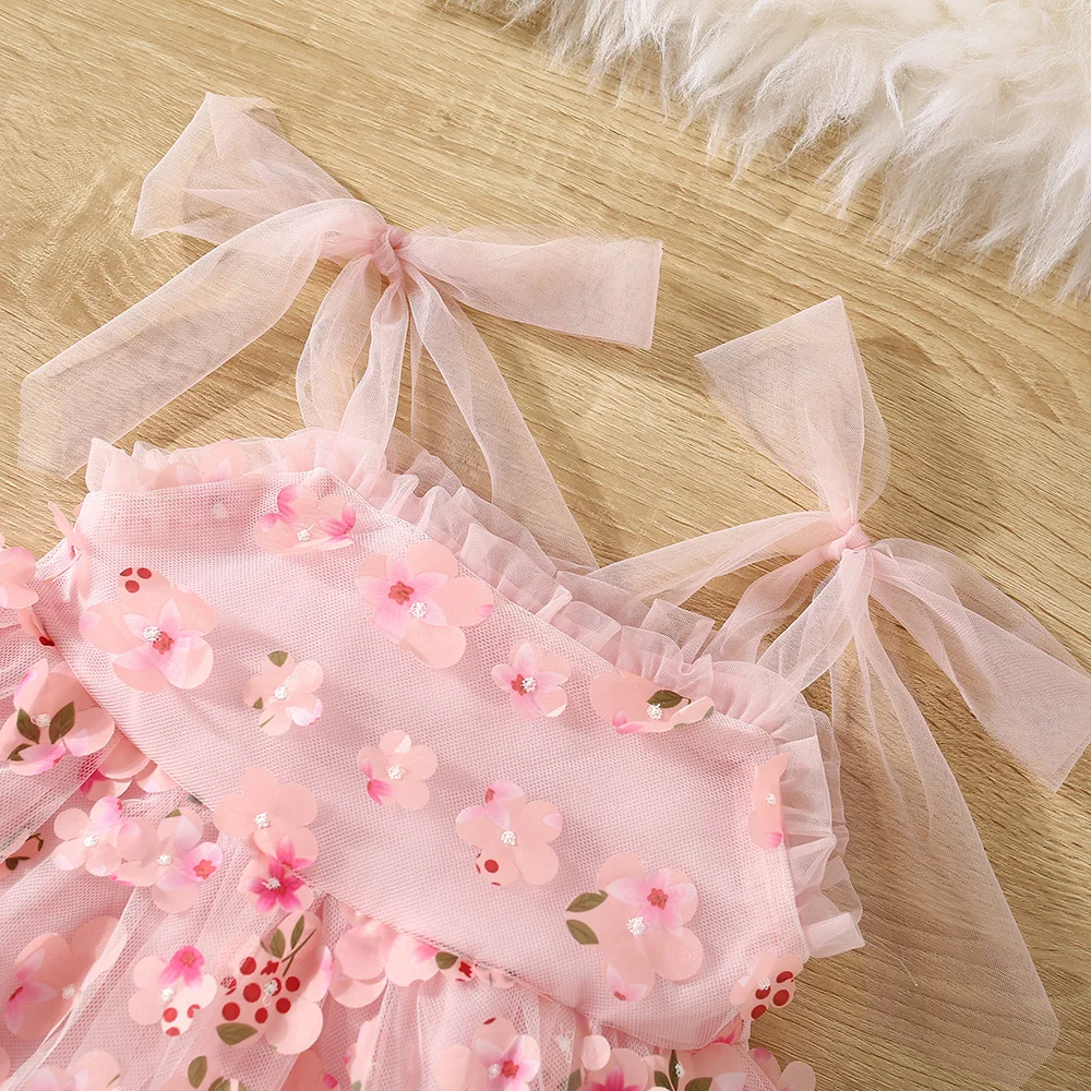 (0-3 Years) Summer New Baby Girls Dress Flower Embellished Mesh Ribbon Bow Dream Dress + Hat Sweet Princess Dress