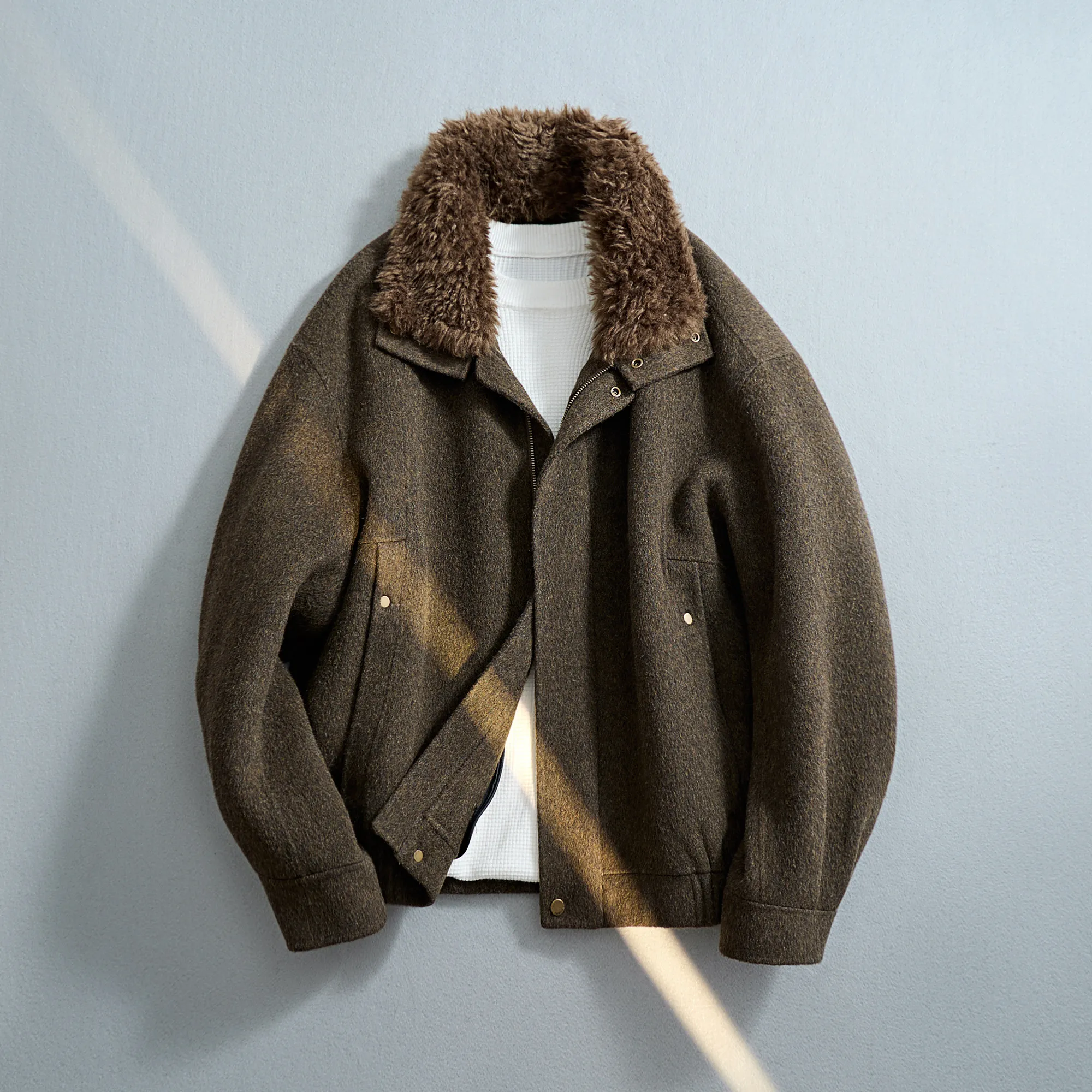 Men Double Sided Wool Blend Jacket Detachable Furry Collar Zip Up Loose Short Wool Coat Autumn Winter Warm Casual Outerwear