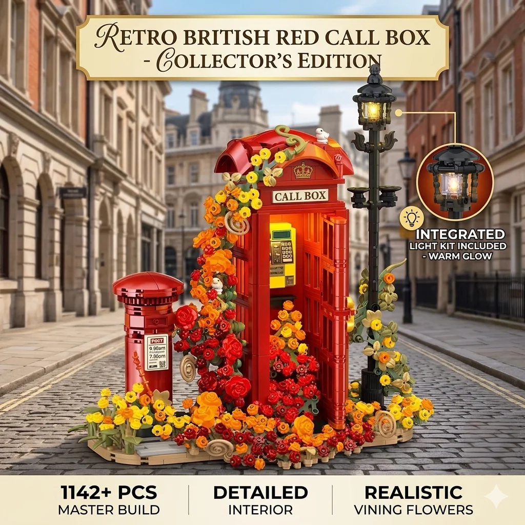 

1142PCS Retro Red London Telephone Booth Building Blocks with LED Light MOC DIY British Street Model Bricks Toy Gift for Adults