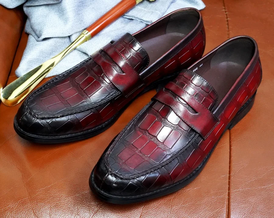 Men\'s Genuine Leather Penny Loafers Slip on Crocodile Pattern Handmade Leather Shoes Red Wedding Office Dress Men\'s Shoes