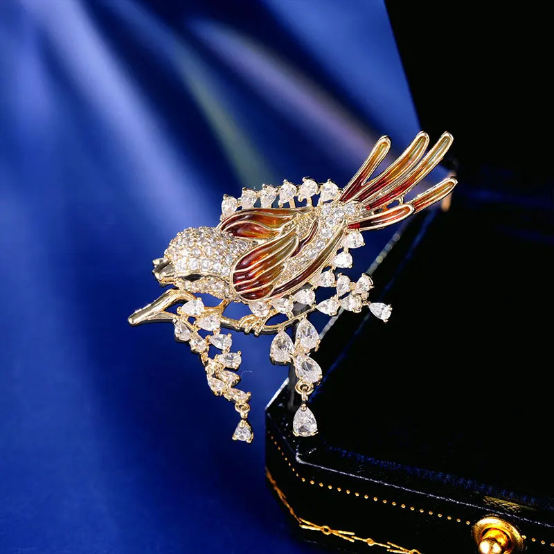 Chinese Style Zirconium Fringed Bird Brooches Female Luxury High-end Enamel Pins Brid Broche for Women Pins Personalized Corsage