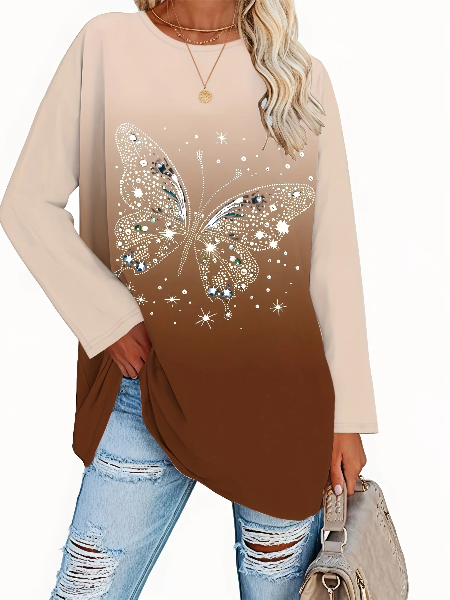 Plus Size Women's Autumn Winter Butterfly Print Fashion Crew Neck Long Sleeve T-Shirt Top