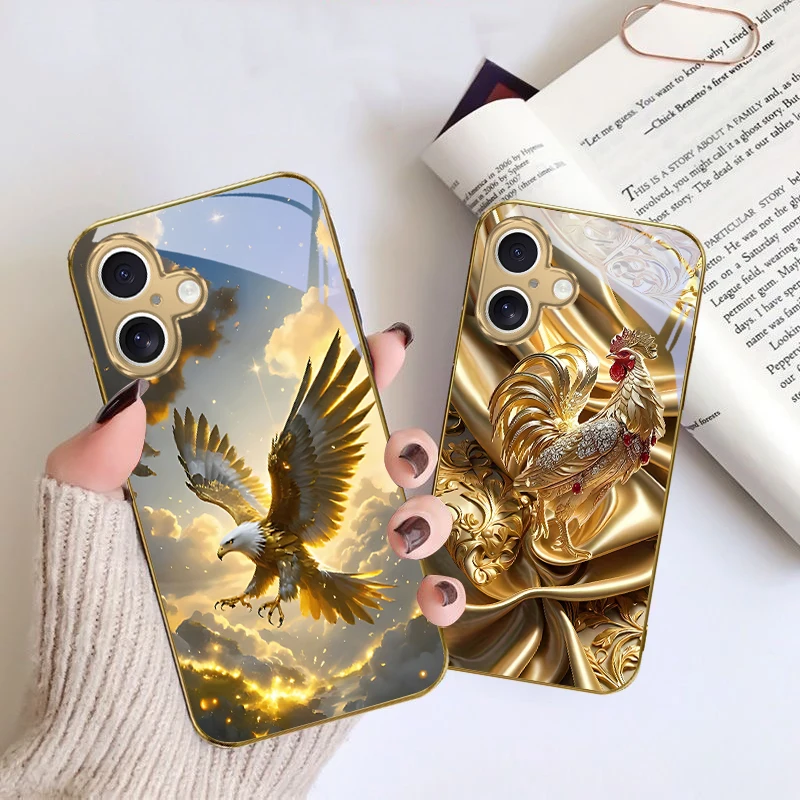 

Golden Chicken Luxury For iPhone 16E 15 Pro 14 13 Plus 12 mini 11 15Pro 14Max 13Plus XR Xs X 16 Pro Max Golden glass phone case