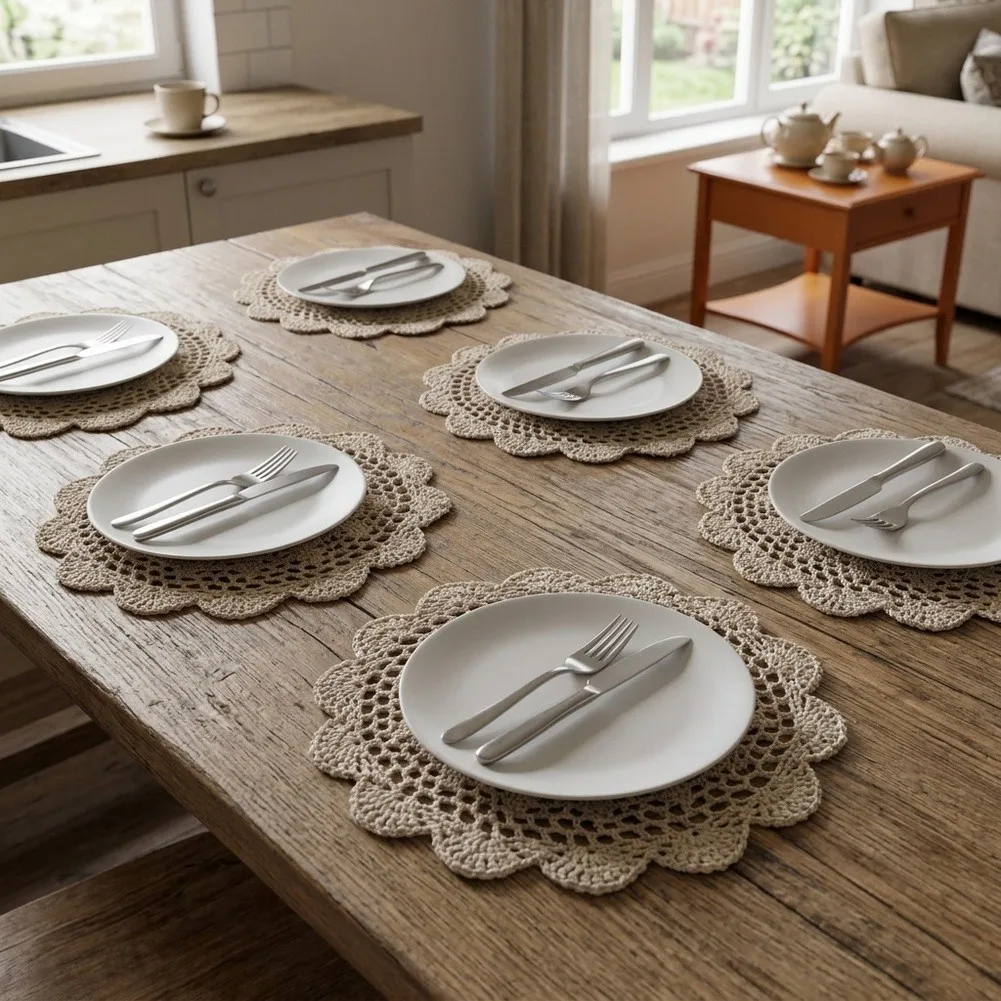 Crocheted Table Mats Cotton Doilies For Home Dining Hand Crocheted Craft Soft Cotton Thread Hollow Lace Pattern