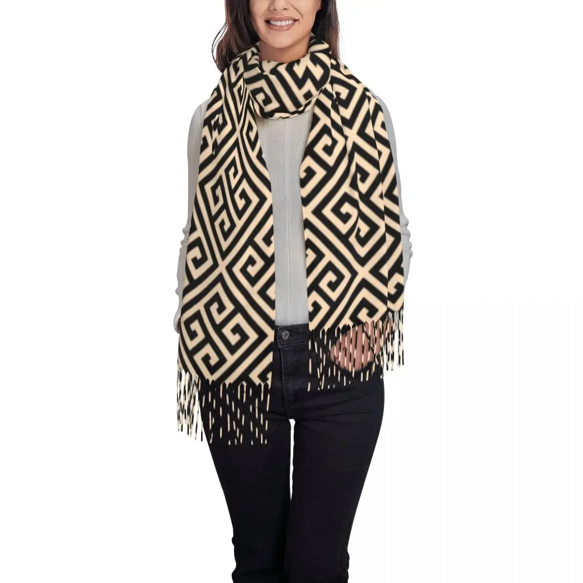 Greek Meander Black And Beige Design Tassel Scarf Women Soft Shawl Wrap Ladies Winter Scarves