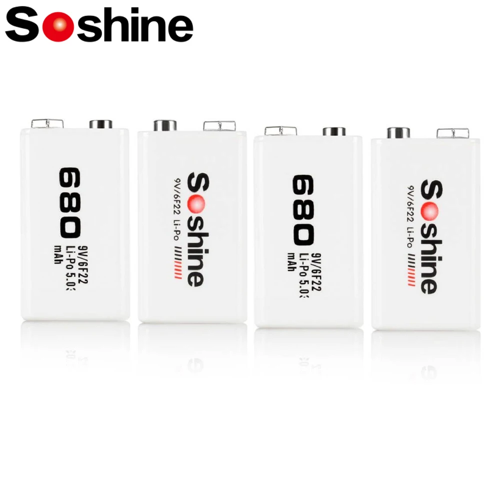 Soshine 4PC 680mAh 6F22 9V Lithium Battery 6F22 9 Volt Li-Po Rechargeable Batteries for Radio Electronic Thermometer Smoke Alarm