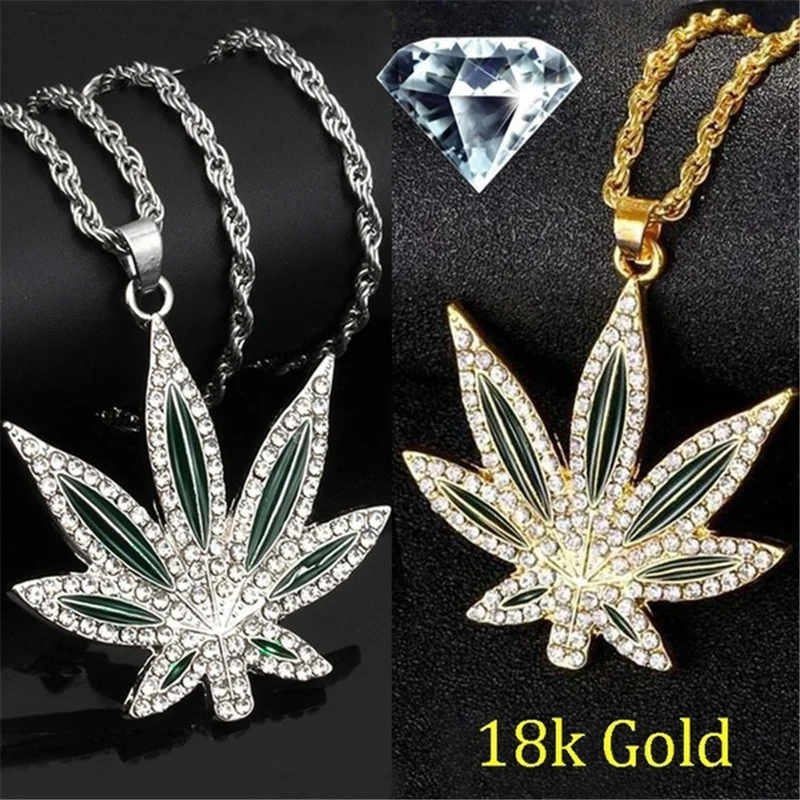 Mode Herren Schmuck Gold Überzogene Punk Hip Hop Big Maple Leaf Zirkon Anhänger Halskette für Männer Kette Edelstahl Schmuck