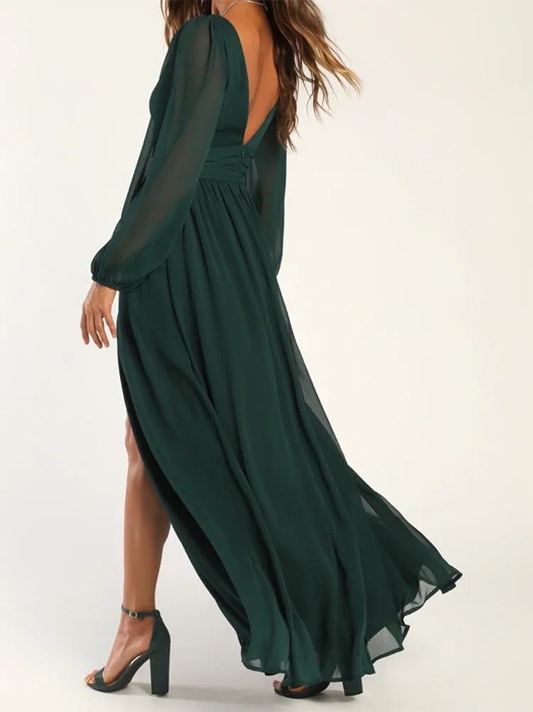 

Illusion Dark green high slit Woman Long Sleeved Chiffon Deep V-edge Button Bridesmaid Evening Gown for Women