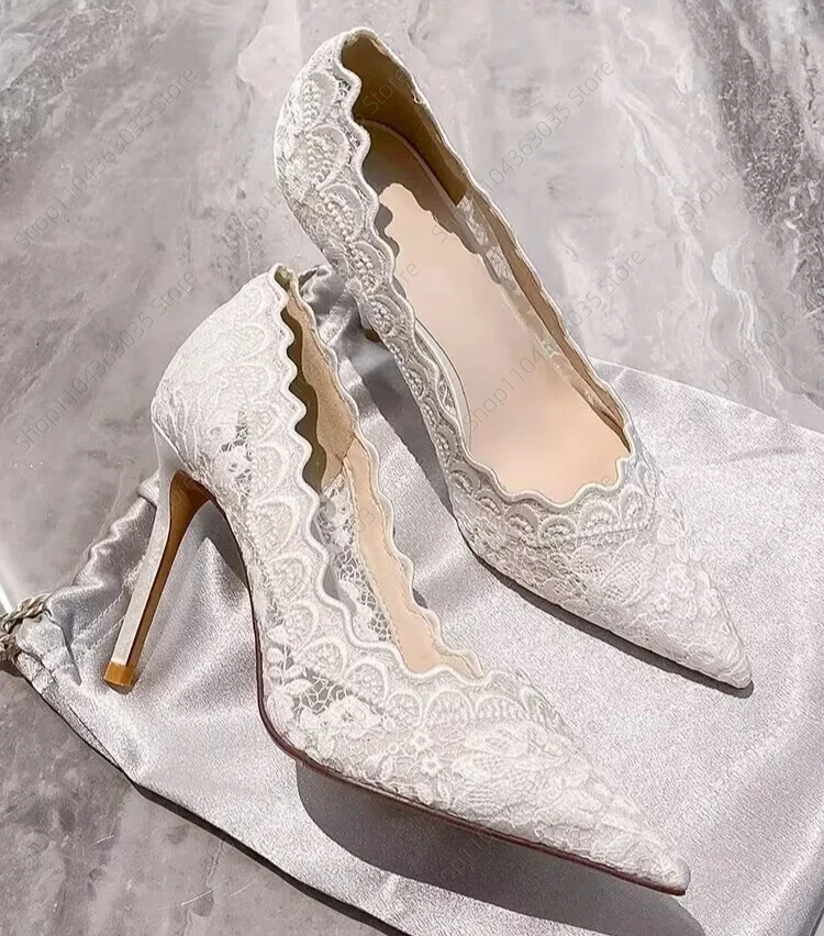 

White Wedding Shoes Bridal Shoes Design Sense Niche Lace Pointed Stiletto Heel Shallow French High Heels Female Temperament