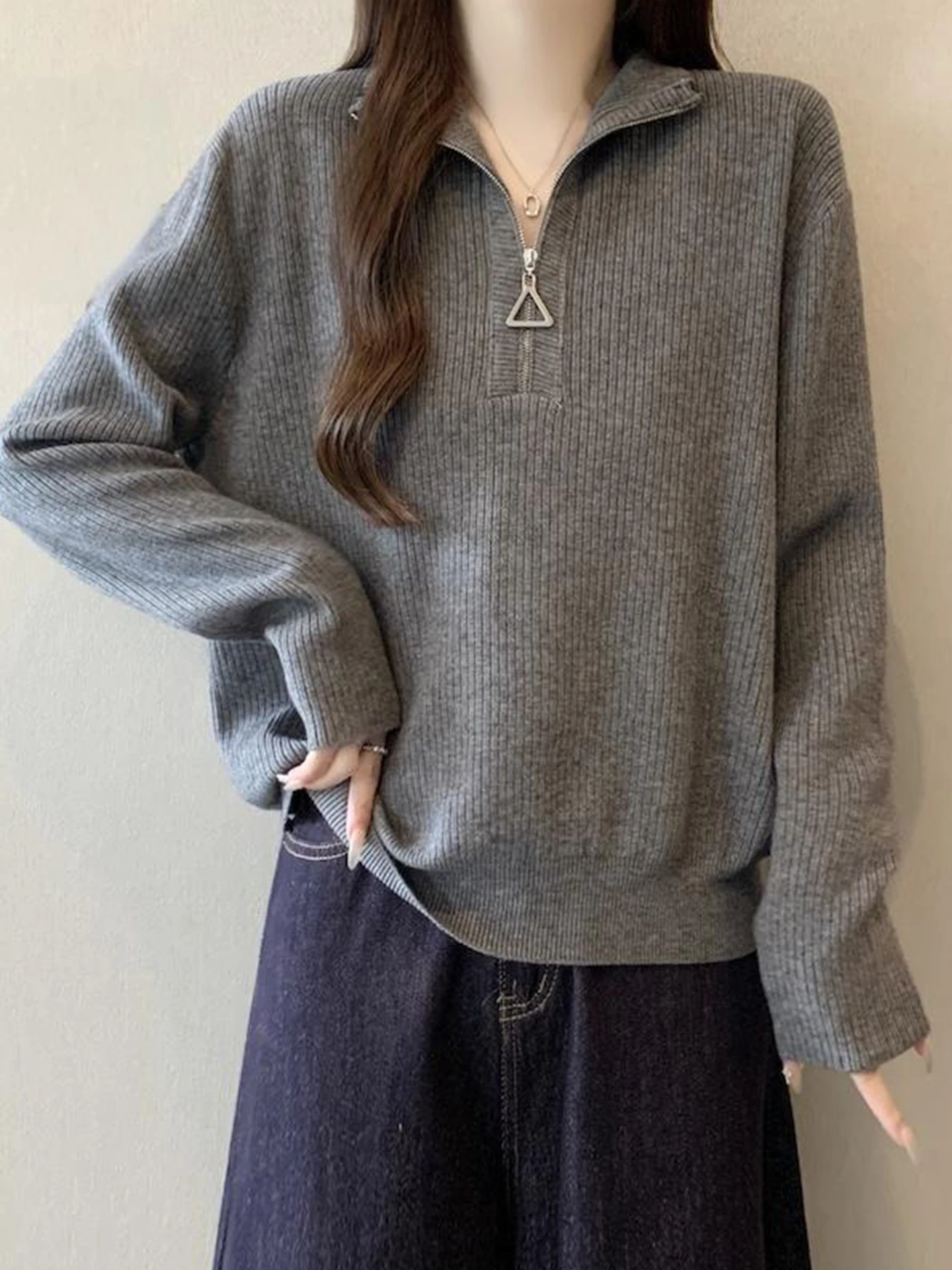 

Korean Sle Knitted Sweater Women's Casual Turn-down Collar f Zipper Regular Sve Long Autumn Winter plus Size Slimming...