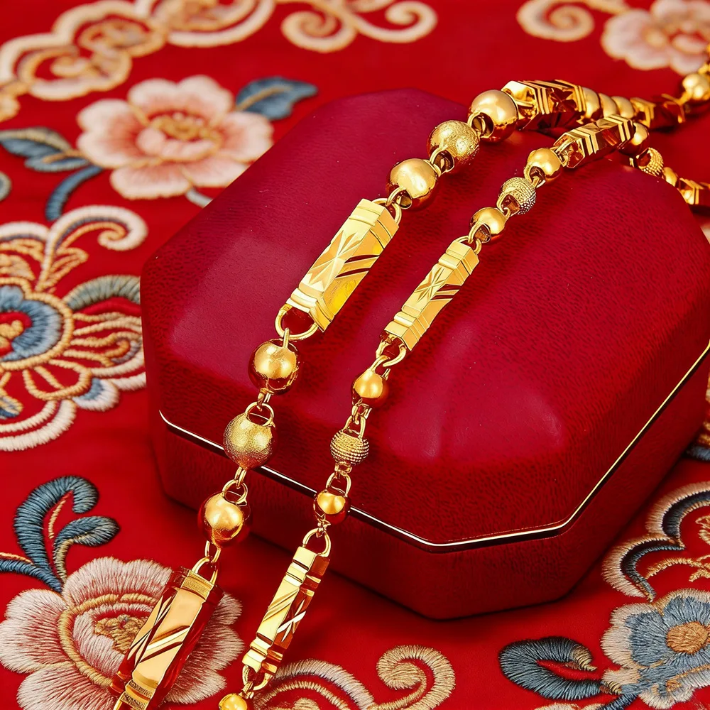 Men solid hexagonal gold bead necklace of AU999 24K pure gold, smooth cut surface, mixed bead sizes with multiple chain lengths