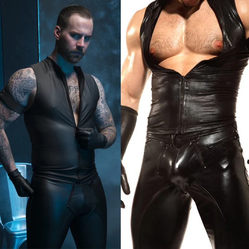 

Black Sexy Men's PU Leather Outfits Tight Wetlook Tank Top Faux Leather Stretchy Vest for Man Adult Costumes Party Clubwear