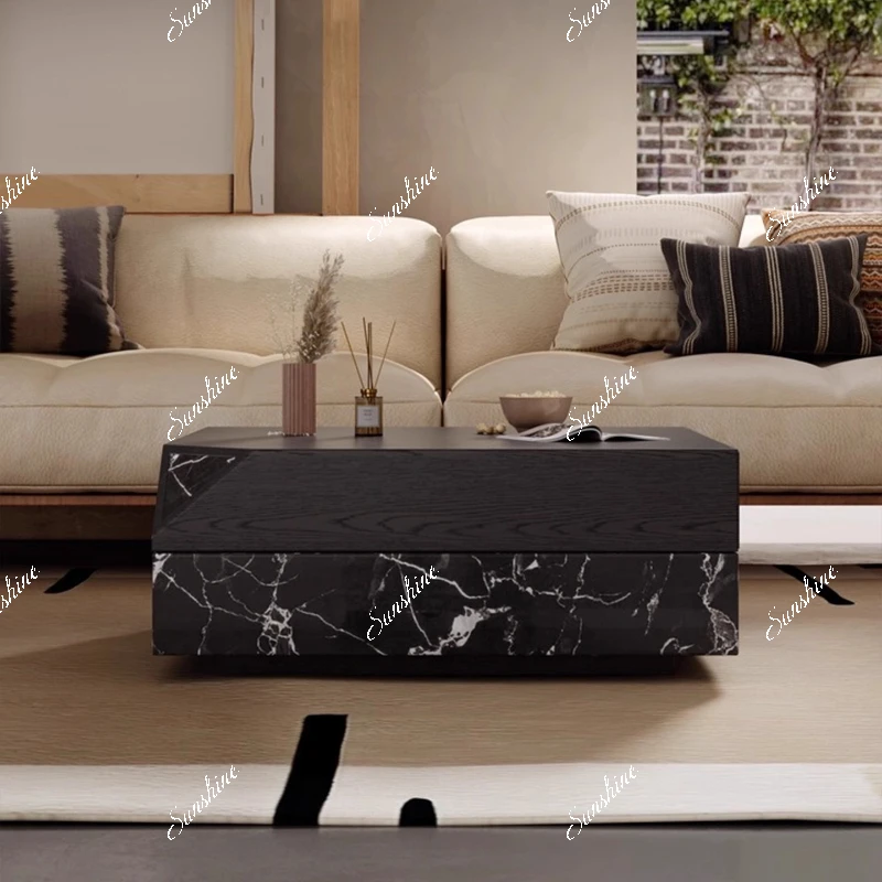 Natural marble, coffee table small apartment luxury stone living room for home use, light luxury rotating coffee table