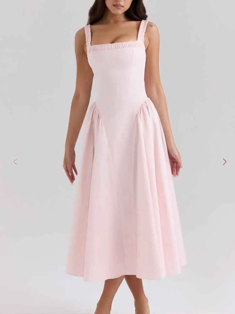 

European style women's new fashion all-match temperament square collar sleeveless solid color midi vest dress