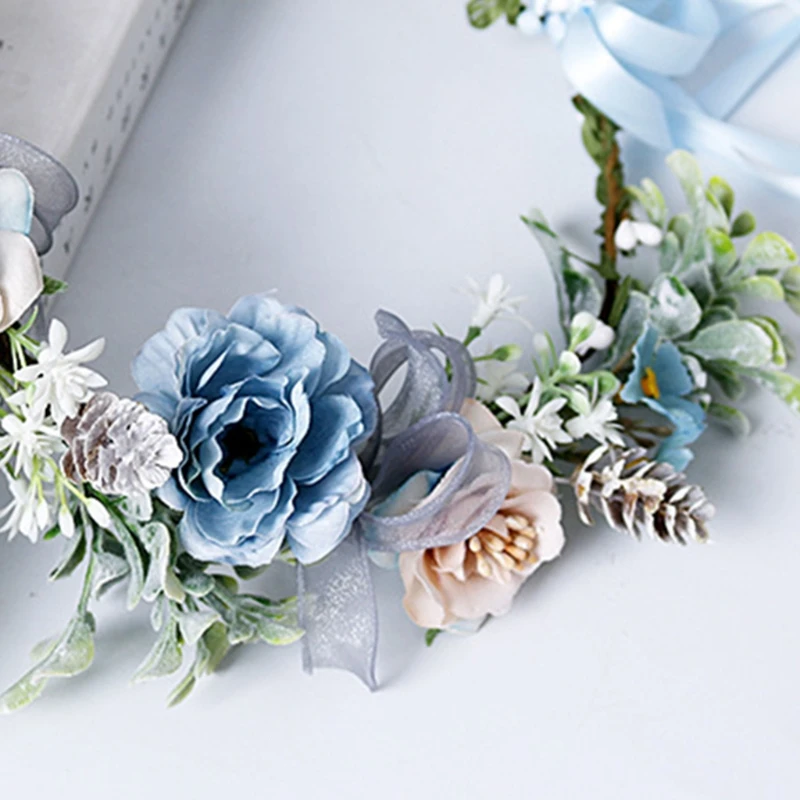 Boho Beach Holiday Wreath Headband Artificial Blue Flower Crown Halo Garland Fake Eucalyptus Leaves Wedding Headpiece