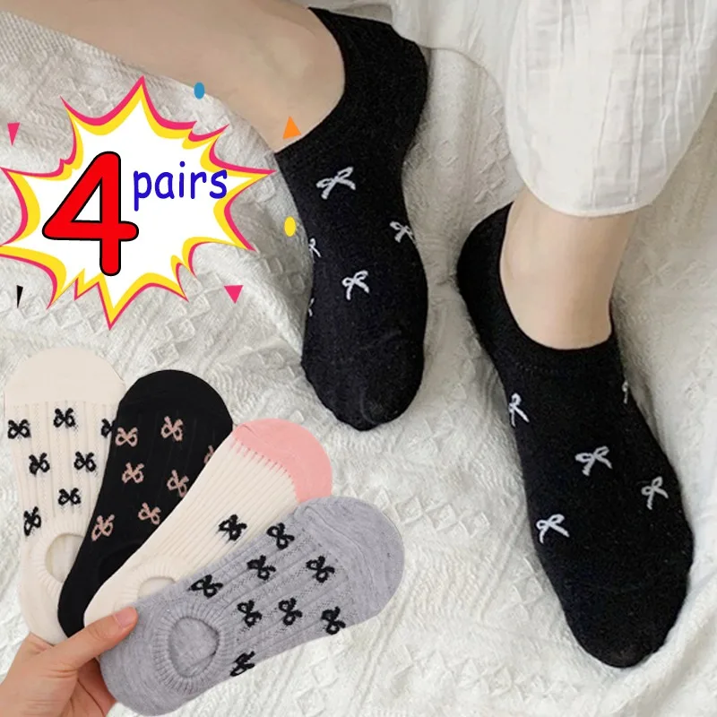 Ultra Thin Boat Socks for Women Shallow Silicone Anti Slip and Non Falling Heel Bow Ballet Style Spring or Summer Short Socks