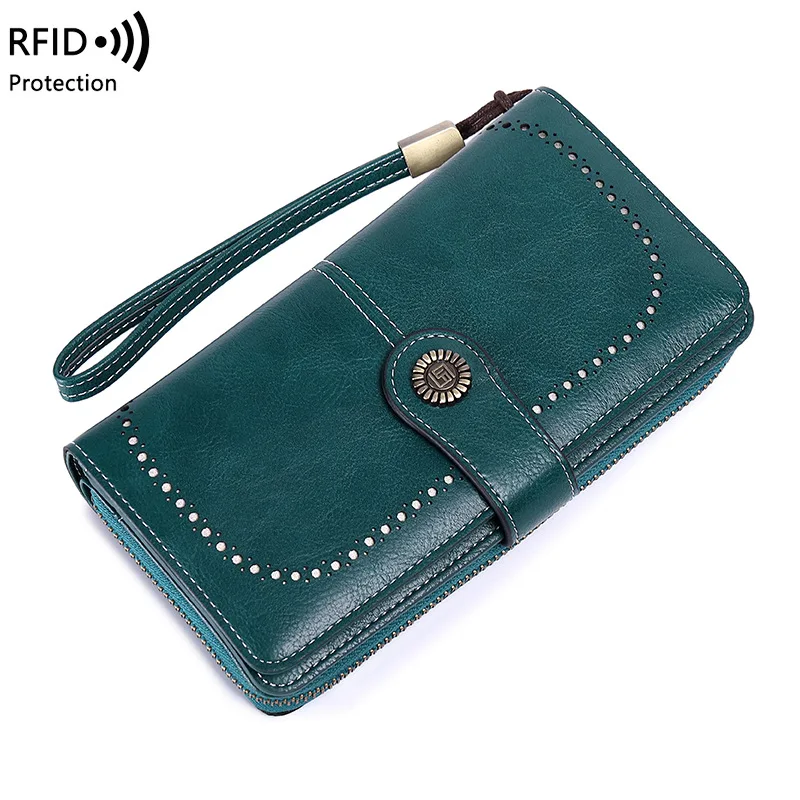 Rfid Blocking Lange Rits Portemonnee Voor Vrouwen, Grote Capaciteit Clutch Met Afneembare Draagriem En Broekzak Kaarthouder