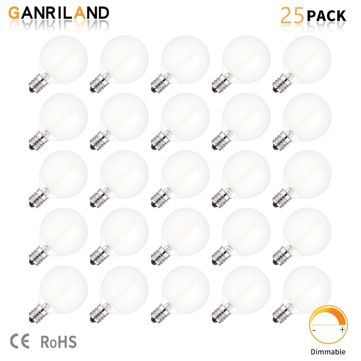 

GANRILAND 25Pack Frosted Glass G40 1W Led Filament String Light Bulb Replacement C7 E12 Base Dimmable 2700K Vintage Edison Bulb