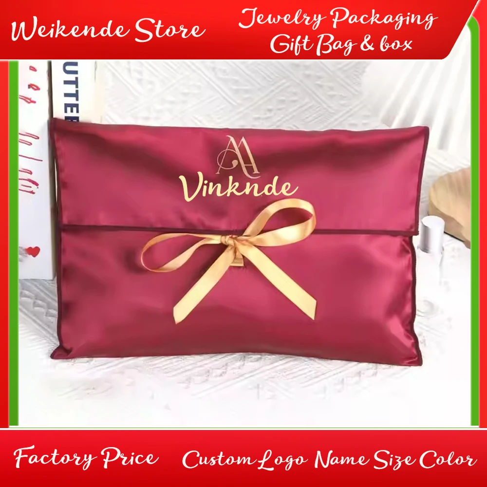 

40x30cm Burgundy Satin Envelope Cosmetic Clothes Jewelry Storage Bag With Bow Custom Logo Silk Wedding Gift Dust Packaging Pouch