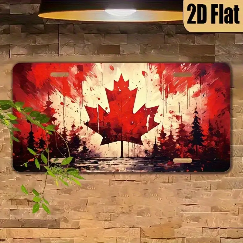 مسطح ثنائي الأبعاد، 1 علامة معدنية من أوراق الخشب الأحمر الكندي ديكور حائط وطني، سطح مصقول، فن رسم متين ثنائي الأبعاد #1