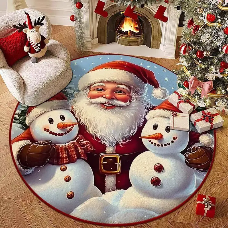 VIKAMA Round Christmas Carpet Santa Claus Scarf Cute Snowman Snowflake Floor Mat Living Room Holiday Home Christmas Decoration
