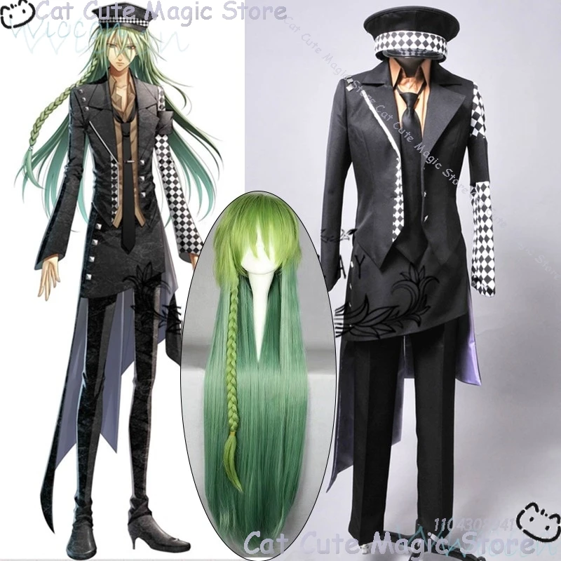 Ukyo Anime AMNESIA Cosplay Costume Green Long Wig Black Coat Hat Tie White Uniform Man Halloween Roleplay Conmic-con Party Play