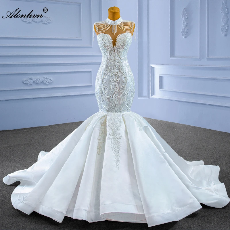 

Alonlivn Luxurious Sweetheart Mermaid Wedding Dress Beading Embroidery Off Shoulder Lace Up Trumpet Bridal Gowns