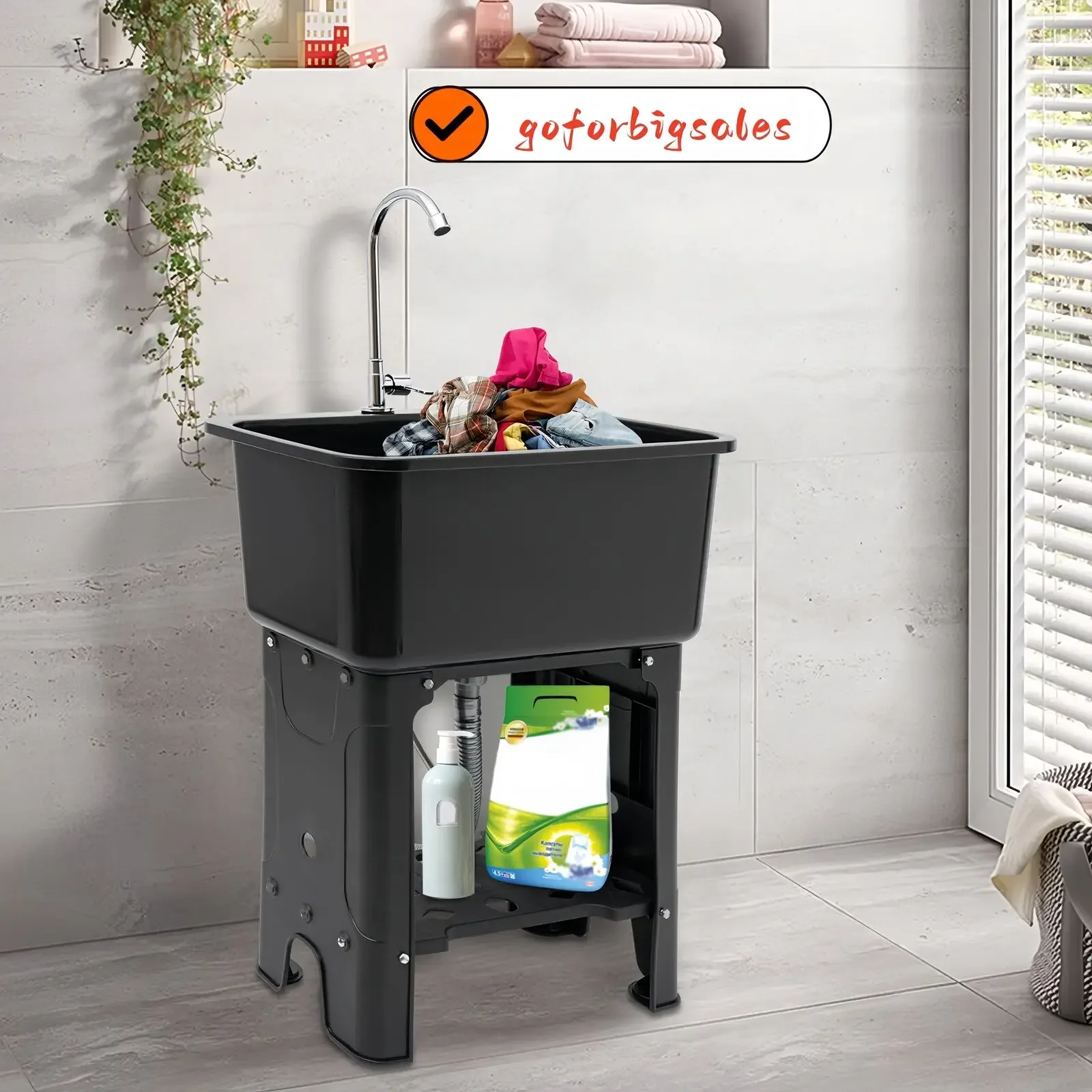 

Laundry Sink Freestanding Plastic Utility Sink W/Storage Shelf Faucet Drain Kit