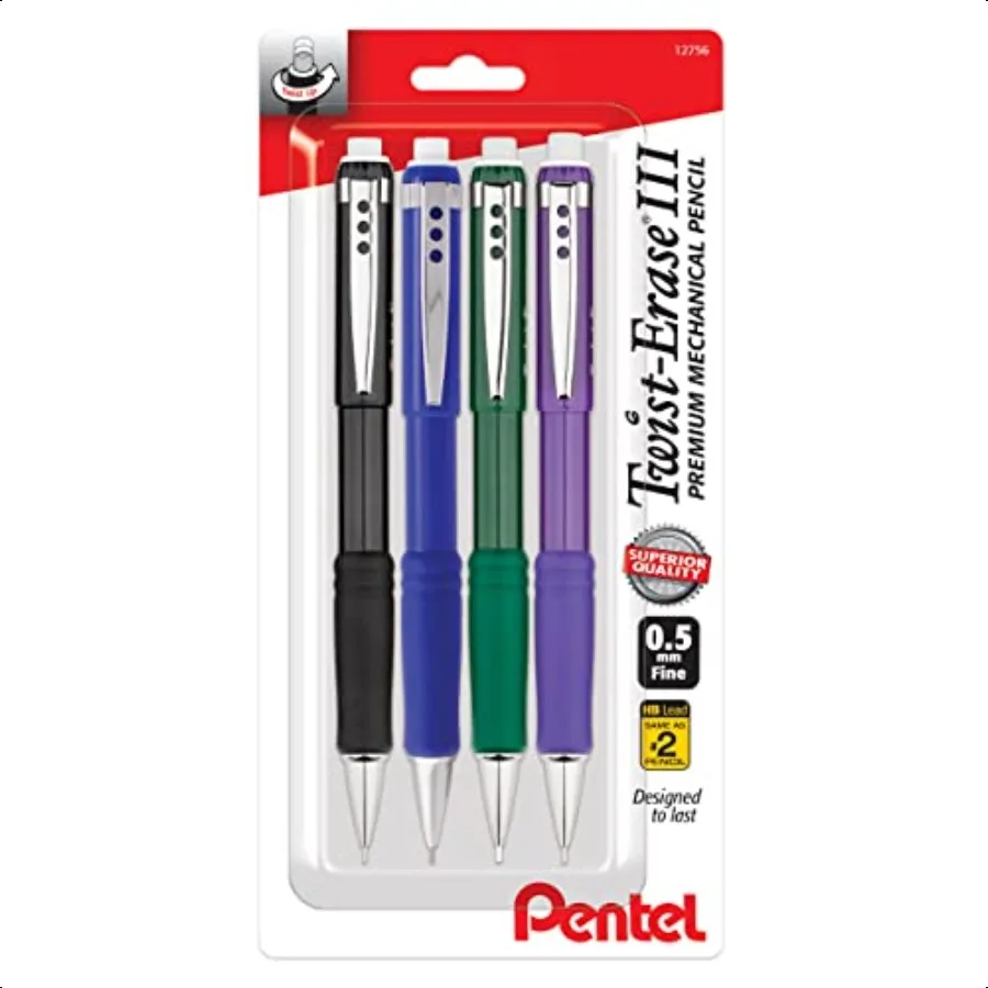 

Pentel Twist Erase III Premium Mechanical Pencil 0.5mm 4 pack Assorted Barrels 1 each Black Blue Green Violet