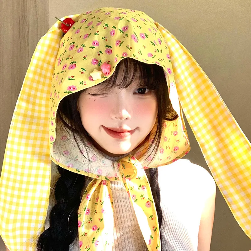 Neue Hüte Süße Stil Kappen Lustige Hüte Süße Kirsche Blumen Kaninchen Ohren Kopftuch Hut Kopf Abdeckung Hut Kawaii Gelbe Baskenmütze Gorro Y2k