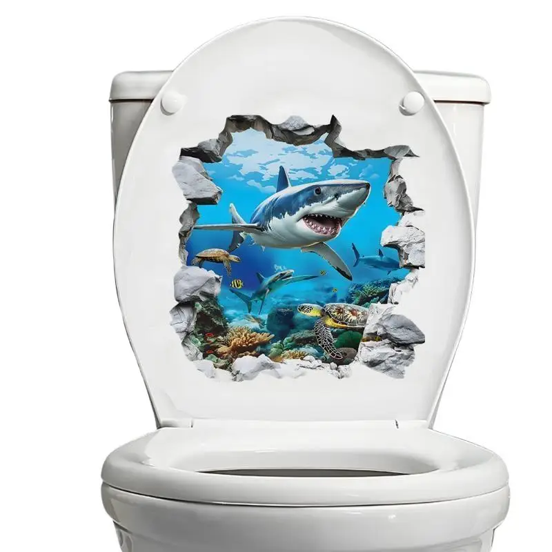[J] Breaking The Wall Shark Toilet Sticker Bathroom Beach Floor Decal Waterproof Anti Slip Removable Seashore Bathtub Decor