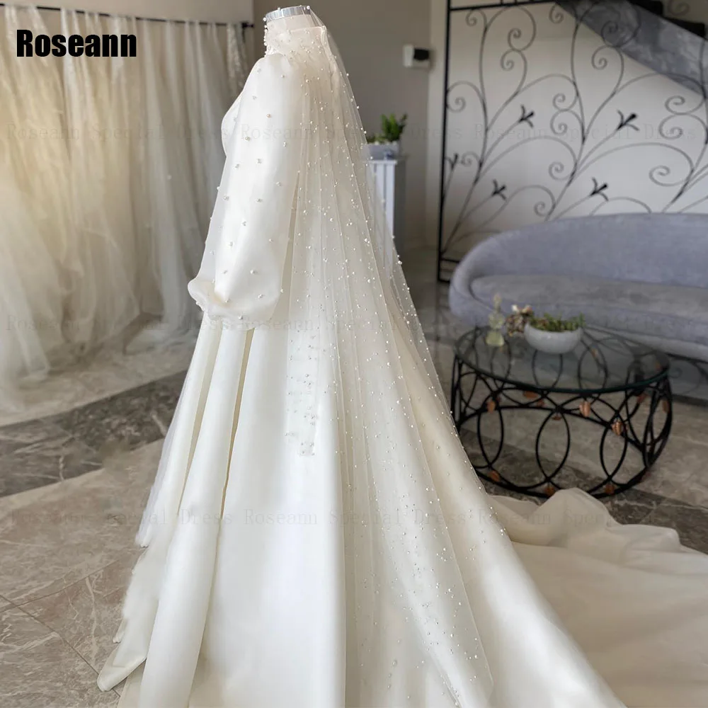 Customized Muslim Ivory A-line Wedding Dresses Draped Pleat Satin Pearls Belt Ruffle Brush Train Bride Dress robe de mariée 2025