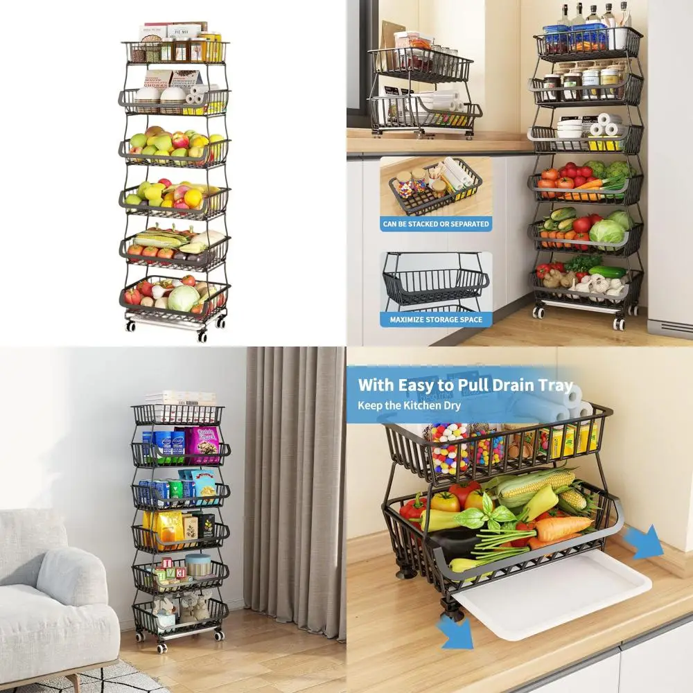 

Кухонная тележка для хранения с 6 ярусами для фруктов и овощей, передвижной органайзер для лука, картофеля и многого другого, черная