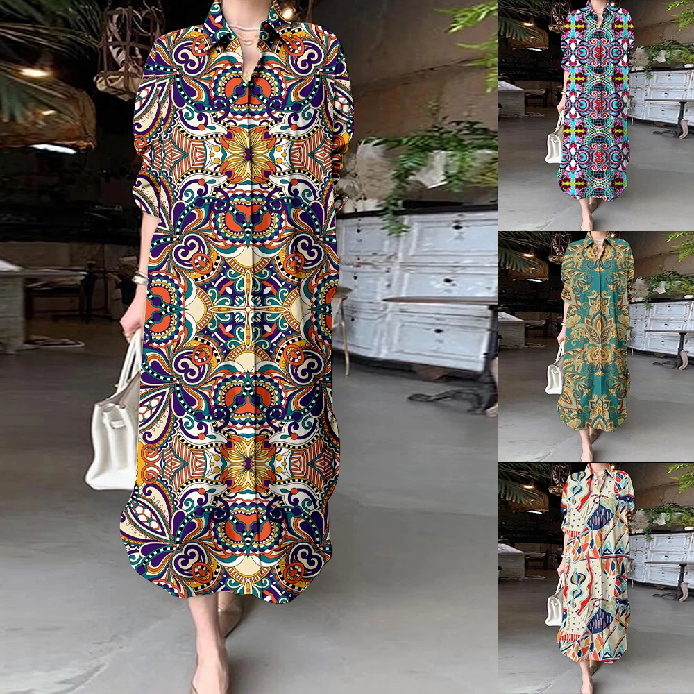 

Fashion Bohemian Dress For Women Chic V-Neck Long Sleeve Casual Party Vestido Vintage Totem Floral Print Court Style Shirt Dress