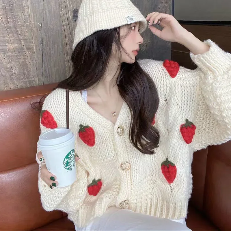 Autumn Women's Strawberry Kintted Cardigan Long Sleeve Loose Single Breasted Sweater Coat Female Fashion Thicken Warm Cardigans