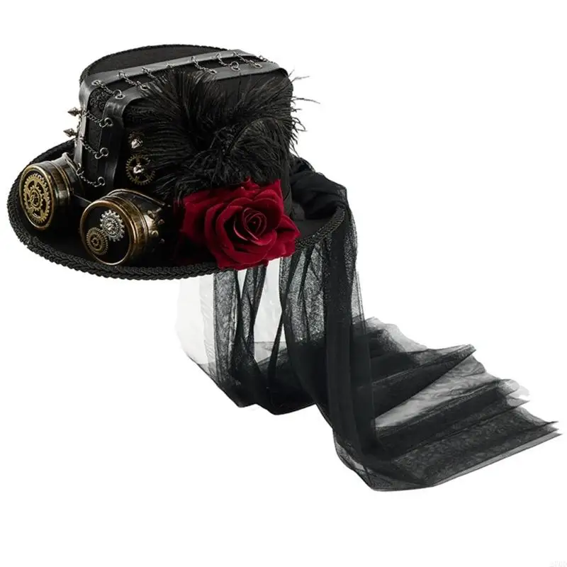 270D Gothic Metal Gear Hat Costume Accessory With Goggles and Rose Flower Long Veil Magicians Tall Hat for Theme Event