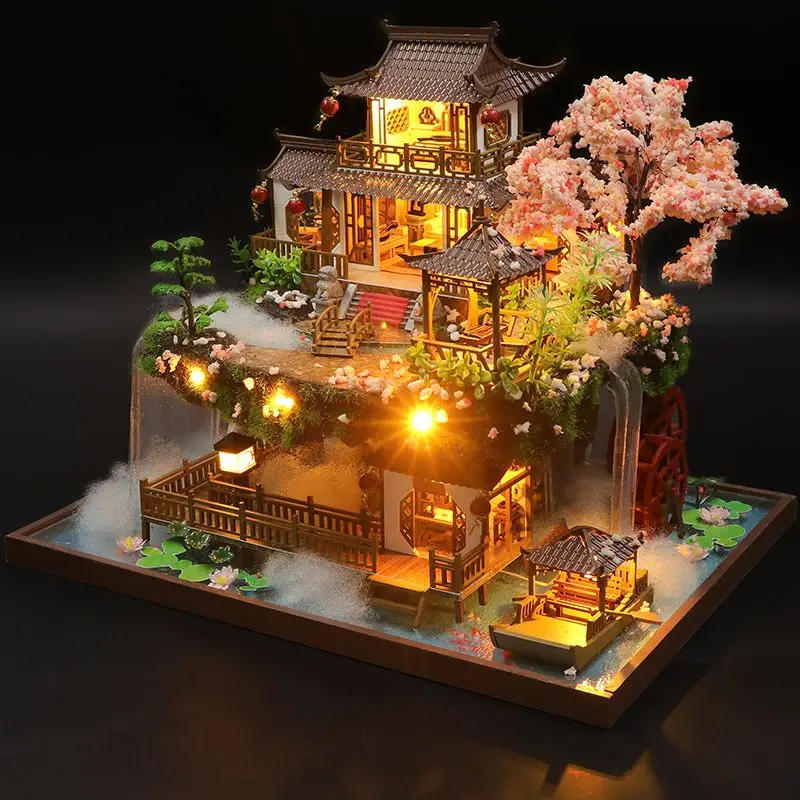 DIY Wooden Miniature Model Kit Chinese Ancient Casa Cherry Blossom Villa 3D Puzzle Dollhouse With Furniture Lights Home Decor