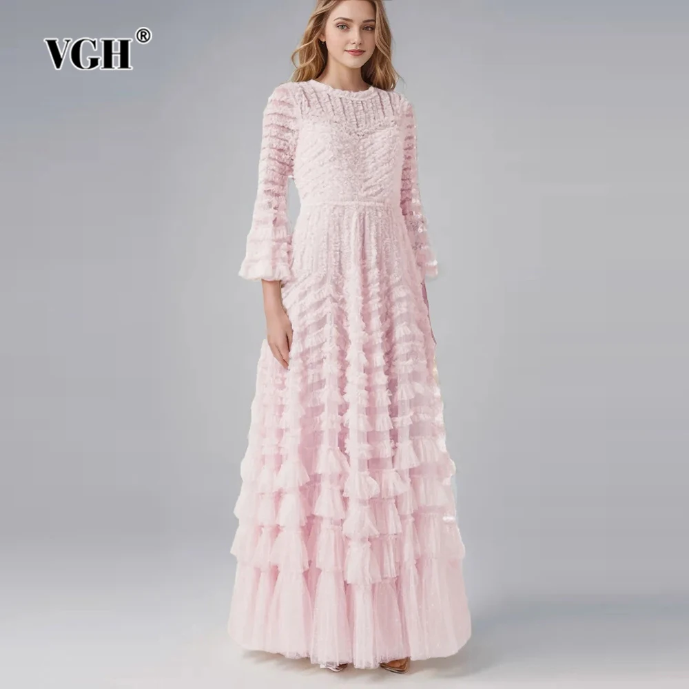 

VGH Solid Patchwork Edible Tree Fungus Elegant Dresses For Women Round Neck Flare Sleeve High Waist Long Dress Female Fashion