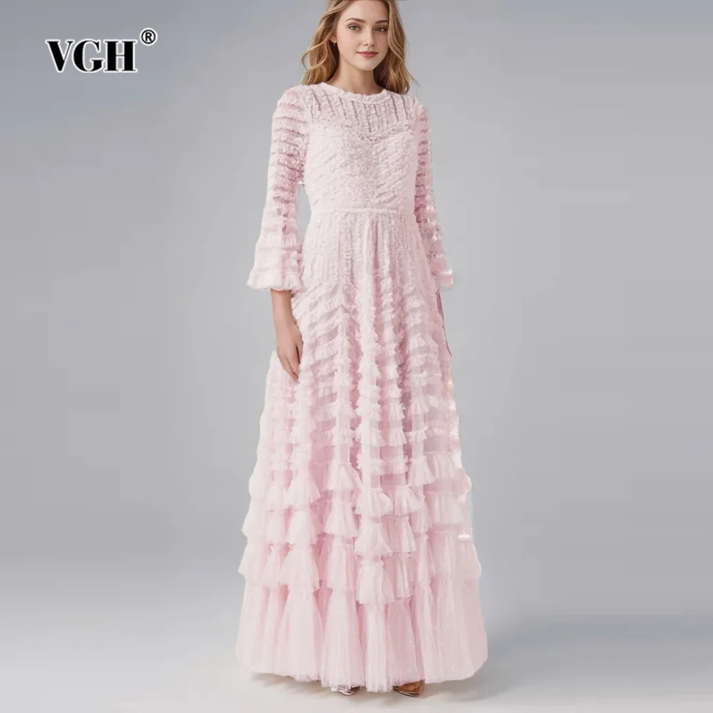 VGH Solid Patchwork Edible Tree Fungus Elegant Dresses For Women Round Neck Flare Sleeve High Waist Long Dress Female Fashion