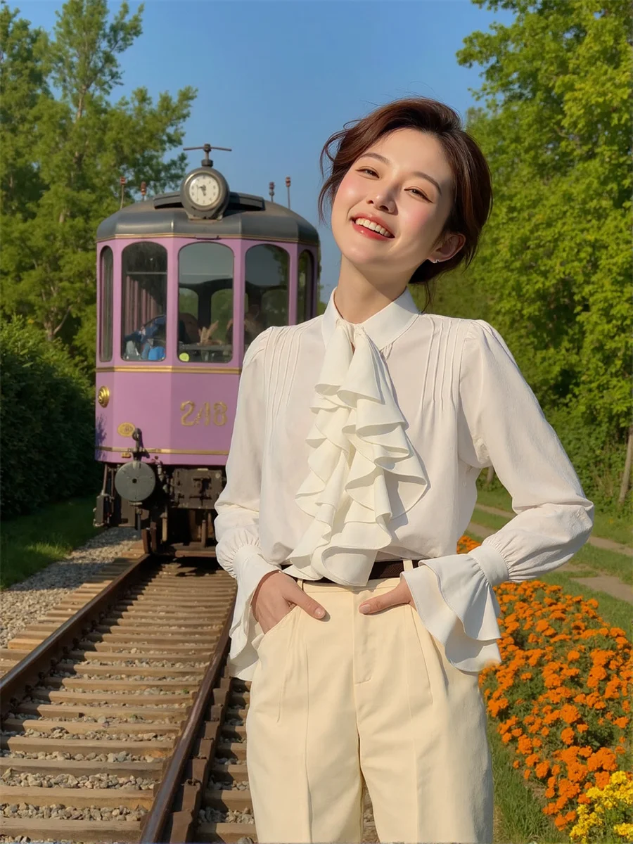 Koszule w stylu francuskim z falbankami, japońskie bluzki, świąteczne ubrania damskie, jesienne siateczkowe bluzki dla dziewcząt, designerskie, eleganckie, na weekend, szykowne.