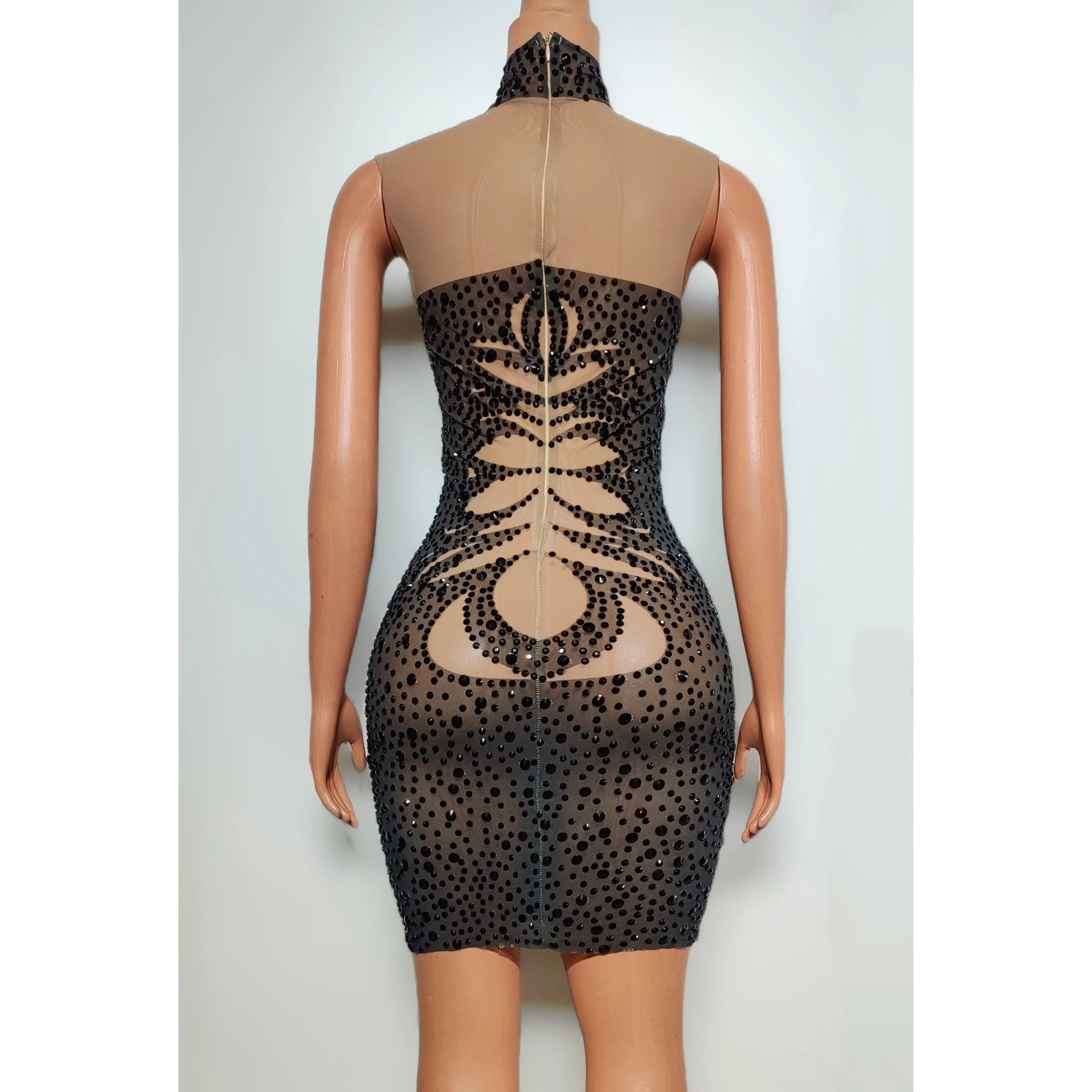 Sexy Perspective Mesh Full Diamond Slim Fit Short Skirt Nightclub Bar Holiday Party Female Singer DJ Stage Performance Clothing