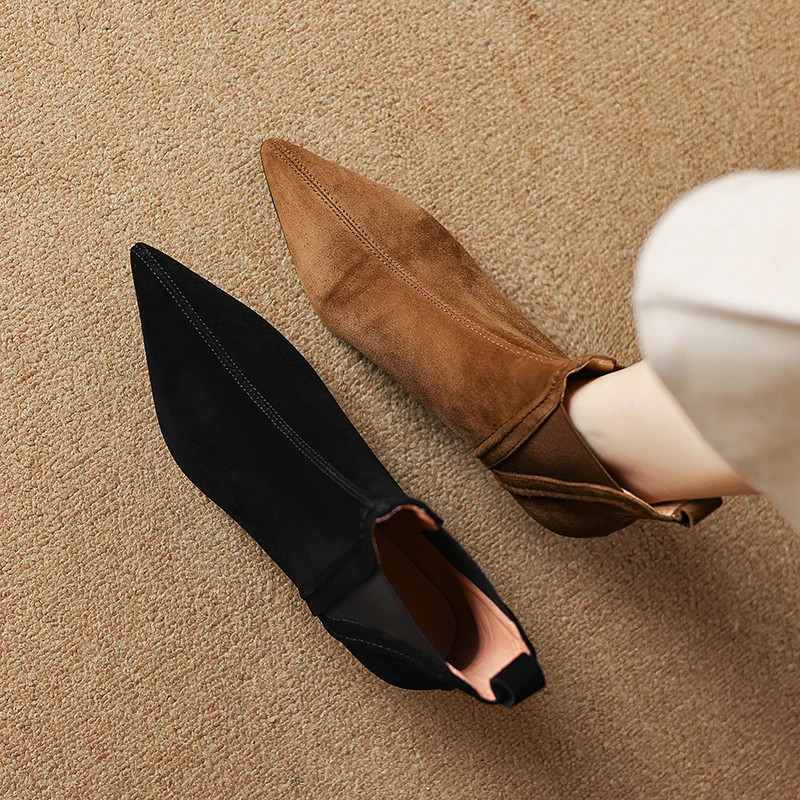 2026 autumn winter women ankle boots natural leather 22-25cm kid suede+pigskin/plush pointed toe high heel women chelsea boots