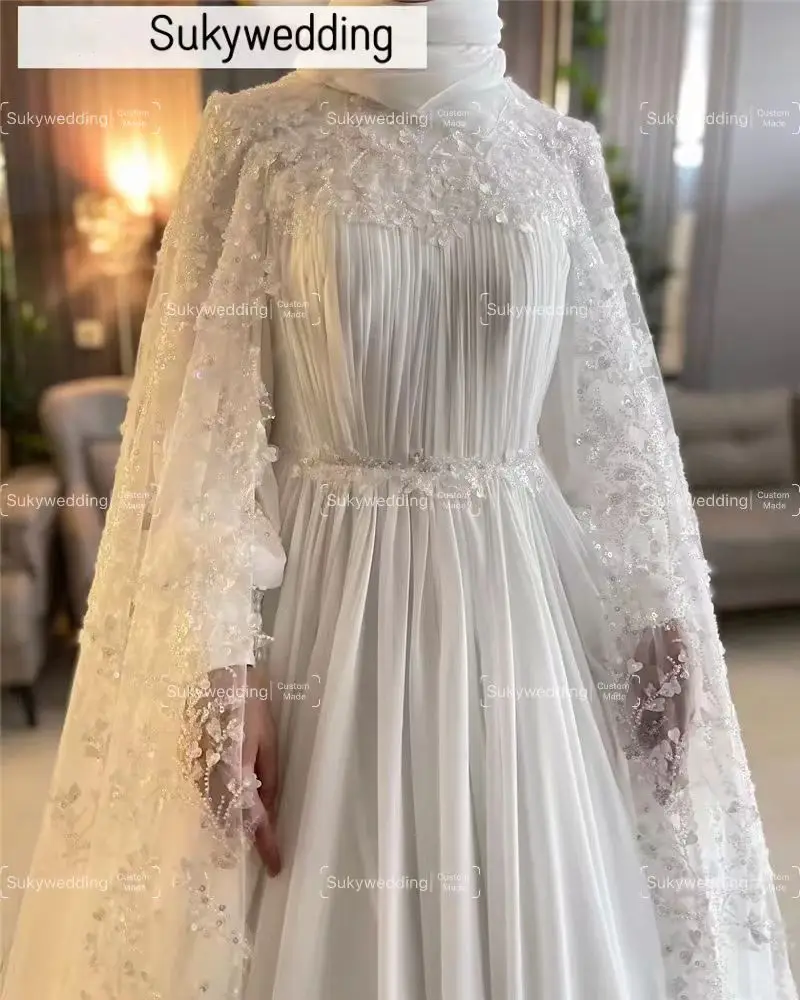 Nuevos vestidos De novia musulmanes con apliques De capa De encaje De manga larga cuentas De gasa vestidos De novia De cuello alto bata De boda personalizada