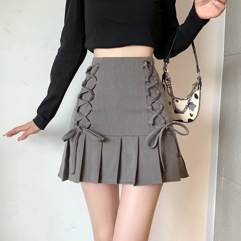 Vintage Bandage Pleated Women Skirt Summer Office Lady Simple High Waist Mini Skirts A Line Slim Fit Fashion Casual Female Skirt